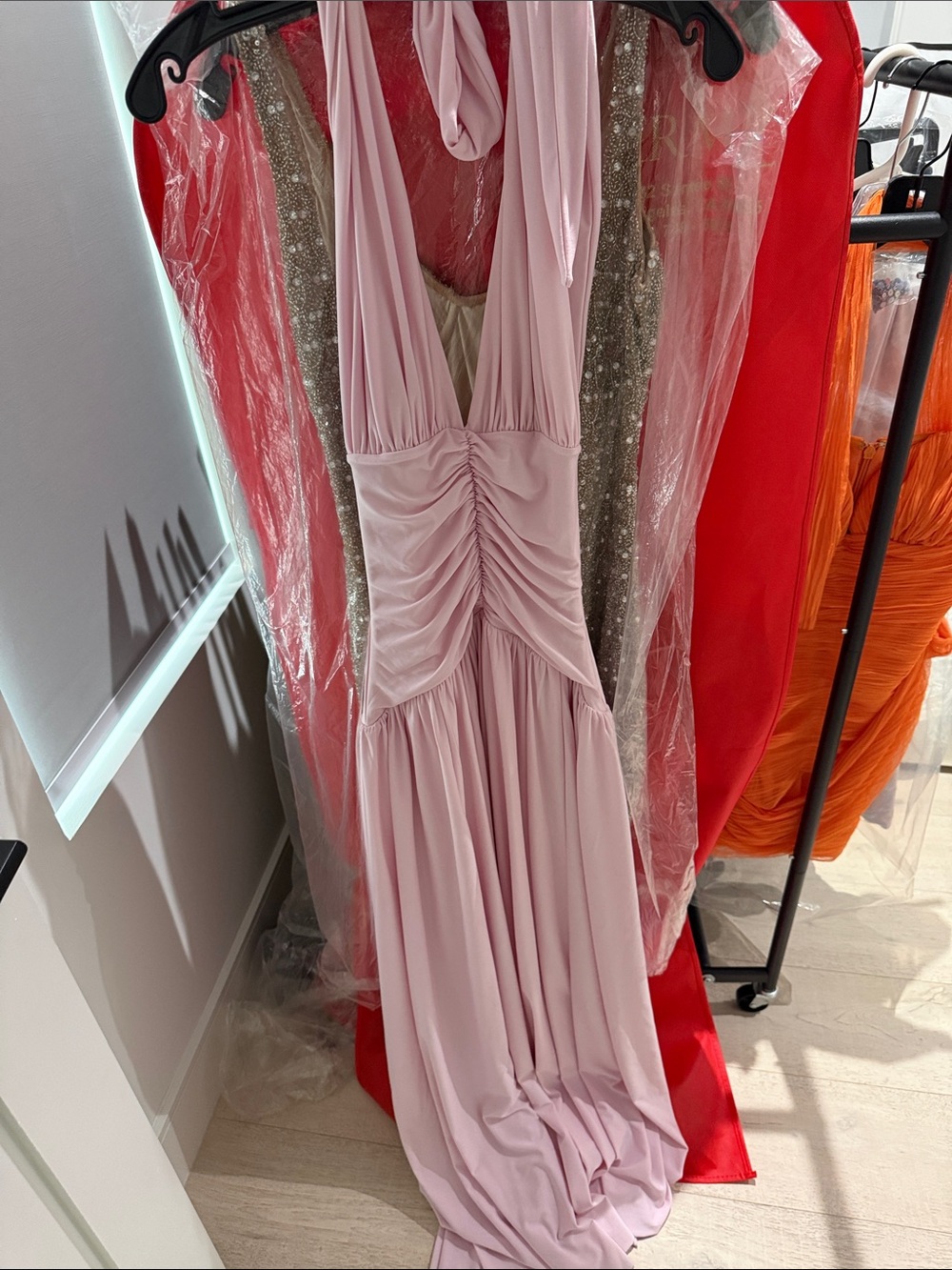 Club L London Light Pink Ruched Halter Maxi Dress
